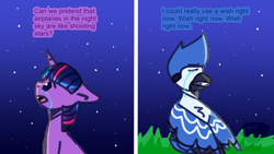 Size: 2560x1440 | Tagged: safe, artist:luc1g07ch1, derpibooru import, twilight sparkle, unicorn twilight, unicorn, aeroplanes and meteor showers, airplanes (song), canon, crossover, crossover shipping, crying, female, male, meme, mordecai, mordetwi, redraw mordetwi meme, regular show, satire, shipping, song reference, straight