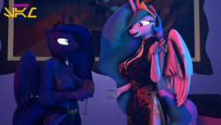 Size: 1920x1080 | Tagged: safe, artist:senthaurekmern, derpibooru import, princess celestia, princess luna, alicorn, anthro, 3d, alcohol, breasts, cigarette, clothes, drinking, female, folded wings, glass, lidded eyes, looking at each other, princess balloona, princess breastia, siblings, sisters, smoking, source filmmaker, standing, talking, watermark, wine, wine glass, wings