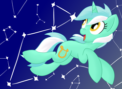 Size: 2062x1500 | Tagged: safe, artist:notadeliciouspotato, derpibooru import, lyra heartstrings, pony, unicorn, constellation, female, looking up, mare, open mouth, smiling, solo, stars