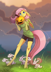 Size: 1897x2676 | Tagged: safe, artist:1an1, derpibooru import, fluttershy, anthro, pegasus, rabbit, unguligrade anthro, animal, blushing, bunny ears, clothes, cloud, cute, female, floppy ears, grass, halloween, holiday, hoodie, jack-o-lantern, looking at you, mare, pumpkin, shorts, shyabetes, sweater, wavy mouth, wingless, wingless anthro