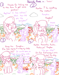 Size: 4779x6013 | Tagged: safe, artist:adorkabletwilightandfriends, derpibooru import, lily, lily valley, spike, dragon, earth pony, pony, comic:adorkable twilight and friends, adorkable, adorkable friends, cloud, comic, crisis, cute, date, dating, dork, farm, female, friendship, funny, grin, humor, lilybetes, love, male, mare, mountain, nature, nervous, nervous grin, nervous laugh, outdoors, pronunciation, pumpkin, pumpkin patch, relationship, relationships, scenery, self conscious, silly, slice of life, smiling, together, wagon