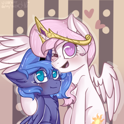 Size: 1024x1024 | Tagged: safe, artist:justkattyo, derpibooru import, princess celestia, princess luna, alicorn, pony, abstract background, chest fluff, crown, cute, cutelestia, female, filly, hoof around neck, jewelry, looking at you, lunabetes, no pupils, one eye closed, one wing out, pink-mane celestia, regalia, s1 luna, siblings, sisters, wings, wink, young celestia, young luna