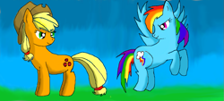 Size: 1051x475 | Tagged: safe, artist:maverickmam, derpibooru import, applejack, rainbow dash, earth pony, pegasus, pony, duo, female, flying, hat, looking at each other, looking back, mare, rearing