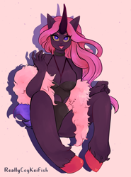 Size: 2096x2825 | Tagged: safe, artist:reallycoykoifish, derpibooru import, oc, anthro, human, unicorn, big breasts, breasts, clothes, commission, dark skin, horn, humanized, lingerie, pink hair, pinup, pony girl, sexy, short tail, solo
