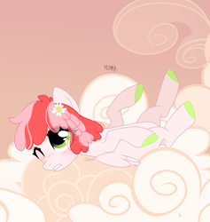 Size: 3072x3240 | Tagged: safe, artist:lazuli, derpibooru import, oc, oc only, pegasus, pony, colored hooves, commission, flower, flower in hair, looking up, lying down, on back, one eye closed, pegasus oc, signature, solo, wings, wink, ych result