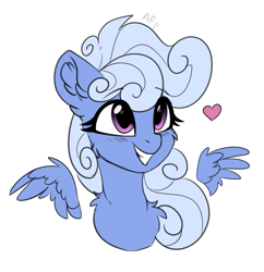 Size: 1211x1253 | Tagged: safe, artist:airfly-pony, derpibooru import, oc, oc only, oc:comfy pillow, pegasus, pony, blushing, bust, chest fluff, cute, ear fluff, eyelashes, female, floating heart, floating wings, heart, mare, pegasus oc, portrait, shoulder fluff, signature, smiling, solo, wings