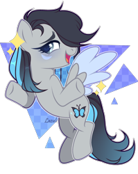 Size: 1694x2125 | Tagged: safe, artist:lazuli, derpibooru import, oc, oc only, pegasus, pony, commission, flying, heart eyes, open mouth, pegasus oc, shrug, signature, simple background, solo, transparent background, two toned wings, underhoof, wingding eyes, wings, ych result