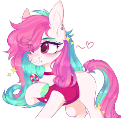 Size: 3318x3224 | Tagged: safe, artist:lazuli, derpibooru import, oc, oc only, earth pony, pony, candy, candy cane, choker, clothes, commission, ear piercing, earth pony oc, eye clipping through hair, food, hoof hold, hoof polish, piercing, raised hoof, signature, simple background, solo, transparent background, ych result