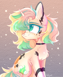 Size: 2575x3144 | Tagged: safe, artist:lazuli, derpibooru import, oc, oc only, pony, unicorn, chest fluff, choker, commission, ear fluff, horn, looking back, looking up, signature, sitting, solo, unicorn oc, ych result