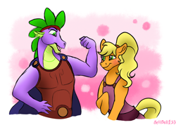 Size: 3308x2349 | Tagged: safe, artist:bellbell123, derpibooru import, applejack, spike, earth pony, pony, alternate hairstyle, applespike, clothes, cosplay, costume, crossover, female, flexing, halloween, halloween costume, hercules, high res, male, mare, megara, older, older spike, ponytail, shipping, straight