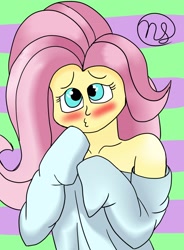 Size: 1506x2048 | Tagged: safe, artist:demitri, derpibooru import, fluttershy, equestria girls, abstract background, adorasexy, blushing, clothes, collarbone, colored, cute, duckface, female, sexy, shoulderless, shyabetes, signature, solo, sweater, sweatershy