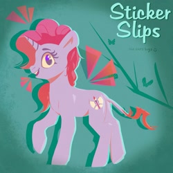 Size: 2135x2135 | Tagged: safe, artist:kerpupu, oc, oc only, oc:sticker slips, pony, unicorn, fangs, female, horn, leonine tail, looking at you, mare, raised hoof, solo