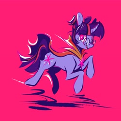 Size: 4096x4096 | Tagged: safe, artist:kerpupu, twilight sparkle, pony, unicorn, absurd resolution, cape, clothes, curved horn, glasses, horn, jumping, looking at you, open mouth, red background, simple background