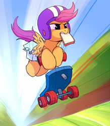 Size: 3135x3600 | Tagged: safe, artist:tallaferroxiv, scootaloo, pegasus, pony, bag, bread, female, filly, flying, food, helmet, mouth hold, newbie artist training grounds, saddle bag, scooter, solo, toast, wings
