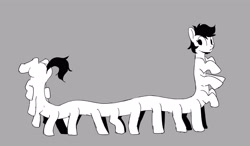 Size: 4096x2388 | Tagged: safe, artist:tallaferroxiv, oc, oc only, centipony, female, gray background, grayscale, looking back, mare, monochrome, simple background, solo