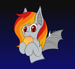 Size: 2960x2742 | Tagged: safe, artist:wapamario63, oc, oc only, oc:tridashie, bat pony, pony, bat ponified, bat wings, female, food, gradient background, half body, mango, mare, solo, ych result, your character here
