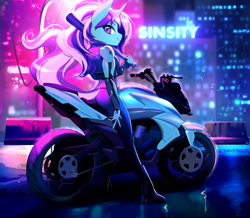 Size: 3100x2700 | Tagged: safe, artist:onifruit, derpibooru import, oc, oc only, oc:amethyst aria, anthro, unicorn, amputee, baseball bat, cyberpunk, motorcycle, ponytail, prosthetic arm, prosthetic limb, prosthetics, shadowrun, two toned mane