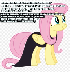 Size: 840x867 | Tagged: safe, derpibooru import, edit, fluttershy, pegasus, pony, scare master, clothes, cute, dress, encouragement, nightmare night, shyabetes, text, zalgo in the comments