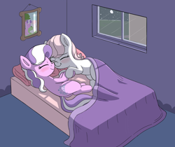 Size: 1184x995 | Tagged: safe, artist:heretichesh, derpibooru import, diamond tiara, oc, oc:lyrabop, earth pony, pony, bed, blushing, bust, canon x oc, cuddling, cute, female, filly, hoof hold, in bed, moon, night, pillow, portrait, scrunchy face, sheet, shipping, smiling, tree, window
