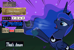 Size: 949x637 | Tagged: safe, derpibooru import, edit, edited screencap, screencap, princess luna, alicorn, pony, luna eclipsed, big, caption, expand dong, exploitable meme, herb alpert, image macro, leaf, meme, mouth dreams, neil cicierega, paper mario: the thousand year door, runescape, singing, that's amore