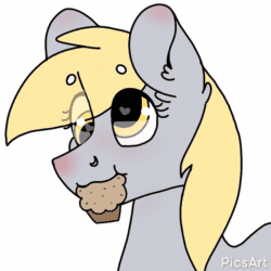 Size: 600x600 | Tagged: safe, artist:valkiria, derpibooru import, derpy hooves, pegasus, pony, animated, cute, derpabetes, ear fluff, eating, female, food, gif, mare, muffin, nom, simple background, solo, white background