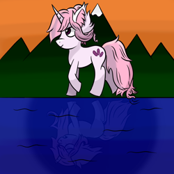 Size: 1000x1000 | Tagged: safe, derpibooru import, oc, oc:violet crystal, unicorn, inktober 2020 custom, owner: mll mayobaka, reflection, river