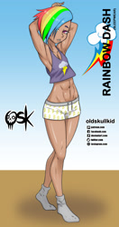 Size: 984x1860 | Tagged: safe, alternate version, artist:oldskullkid, derpibooru import, rainbow dash, human, abs, arm behind head, armpits, belly button, clothes, hair over one eye, humanized, looking at you, pajamas, piercing, skin