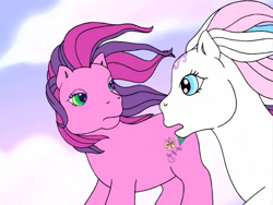 Size: 720x540 | Tagged: safe, derpibooru import, screencap, skywishes, star catcher, pegasus, pony, dancing in the clouds, g3, female, looking at each other, mare, open mouth, windswept mane