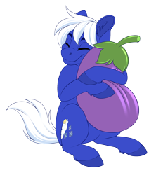 Size: 2840x3201 | Tagged: source needed, safe, artist:silkensaddle, derpibooru import, oc, oc only, earth pony, pony, colored, cute, eggplant, food, hug, simple background, solo, transparent background