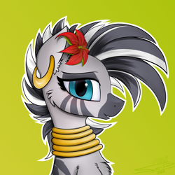 Size: 4000x4000 | Tagged: safe, artist:ser-p, derpibooru import, zecora, zebra, absurd resolution, bust, flower, flower in hair, portrait, solo