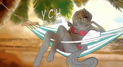 Size: 1976x1080 | Tagged: safe, artist:jerraldina, derpibooru import, anthro, pony, absolute cleavage, beach, bikini, breasts, cleavage, clothes, commission, female, hammock, palm tree, summer, swimsuit, tree, your character here