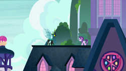 Size: 1920x1080 | Tagged: safe, derpibooru import, screencap, queen chrysalis, starlight glimmer, changeling, changeling queen, pony, unicorn, the ending of the end