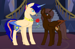 Size: 1610x1056 | Tagged: safe, artist:lightningarrow, derpibooru import, oc, oc only, oc:chebypattern, oc:ligtninarrow, alicorn, alicorn oc, blushes, flower, gay, horn, male, rose, royalty, shipping, wings