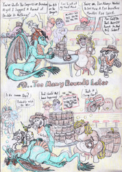 Size: 2064x2904 | Tagged: safe, artist:grimmyweirdy, derpibooru import, oc, oc:corro, oc:grim w. stripes, oc:mivera, dragon, pony, zebra, comic:grims weird adventures, alcohol, barrel, belly, big belly, comic, doctor, drinking contest, drunk, laughing, mug, needle, story included, table, tavern, zebra oc