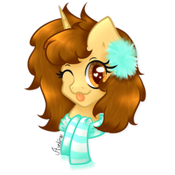 Size: 750x750 | Tagged: safe, artist:avelineh, derpibooru import, oc, oc only, oc:creamy coffee, pony, bust, clothes, earmuffs, female, one eye closed, scarf, simple background, solo, tongue out, transparent background, wink