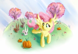 Size: 1280x885 | Tagged: safe, artist:nedemai, derpibooru import, fluttershy, pegasus, pony, rabbit, animal, autumn, cheek fluff, chest fluff, ear fluff, female, head turn, leaf, looking at each other, looking at someone, looking back, mare, outdoors, pumpkin, raised hoof, raised leg, running, smiling, solo, spread wings, tree, windswept hair, wings