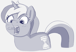 Size: 1323x907 | Tagged: safe, artist:heretichesh, derpibooru import, minuette, pony, unicorn, blushing, brushing teeth, duo, micro, monochrome, open mouth, sketch, smiling, solo, teeth, tiny, tiny ponies, tongue out, toothbrush, vore