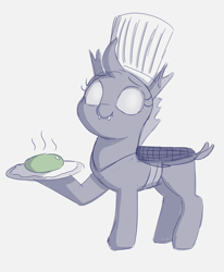 Size: 914x1110 | Tagged: safe, artist:heretichesh, derpibooru import, changeling, chef, chef's hat, egg, female, fried egg, happy, hat, holeless, implied cannibalism, implied changeling egg, proud, smiling, solo