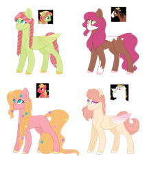Size: 1280x1494 | Tagged: safe, artist:wispyaxolotl, derpibooru import, edit, big macintosh, bulk biceps, tree hugger, trouble shoes, oc, oc only, earth pony, pegasus, pony, braid, colored hooves, colored wings, colored wingtips, dreadlocks, female, flower, flower in hair, flower in tail, folded wings, magical lesbian spawn, mare, no pupils, offspring, parent:big macintosh, parent:bulk biceps, parent:fluttershy, parent:tree hugger, parent:trouble shoes, parents:flutterbulk, parents:flutterhugger, parents:fluttermac, parents:troubleshy, piebald colouring, simple background, transparent background, unnamed oc, wings
