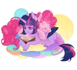 Size: 900x828 | Tagged: safe, artist:sadelinav, derpibooru import, pinkie pie, twilight sparkle, twilight sparkle (alicorn), alicorn, earth pony, pony, book, cute, leonine tail, lying down, pillow, prone, reading, sleeping, smiling, two toned wings, wings