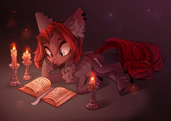 Size: 4093x2894 | Tagged: safe, artist:shore2020, derpibooru import, oc, oc only, oc:rune hymn, earth pony, pony, big ears, book, candle, ear fluff, female, lying down, mare, prone, solo