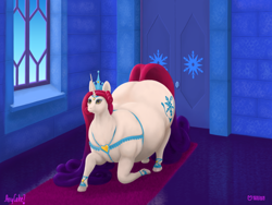 Size: 1280x960 | Tagged: safe, artist:soobel, derpibooru import, princess amore, unicorn, belly, big belly, bowing, carpet, castle, crown, door, fat, female, jewelry, kneeling, large butt, mare, regalia, solo, window