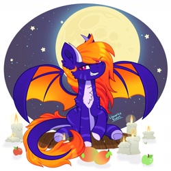 Size: 2200x2200 | Tagged: safe, artist:liquorice_sweet, derpibooru import, oc, oc only, oc:violet flare, dracony, dragon, hybrid, pony, apple, bat wings, candle, commission, female, food, mango, mare, moon, sitting, smiling, smirk, solo, stars, teeth, wings, ych result