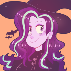 Size: 888x888 | Tagged: safe, artist:sephiia, derpibooru import, starlight glimmer, bat, human, equestria girls, bust, clothes, costume, cute, female, freckles, glimmerbetes, halloween, halloween costume, hat, holiday, orange background, simple background, smiling, solo, witch, witch hat