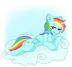 Size: 1200x1116 | Tagged: safe, artist:hachiipop, derpibooru import, rainbow dash, pegasus, pony, chest fluff, cloud, cute, dashabetes, ear fluff, female, lying down, mare, on a cloud, one eye closed, prone, smiling, solo, wink