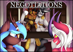 Size: 4093x2894 | Tagged: safe, artist:ze-dusty, derpibooru import, oc, oc only, oc:iratus arcana, oc:urara night, oc:whirlwind dust, oc:zerphie, bat pony, kirin, succubus, unicorn, comic:negotiations, bat pony oc, bat wings, black sclera, clothes, comic, crossed legs, hug, socks, tail, tail hug, thigh highs, whiratus, wings