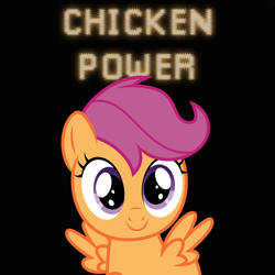 Size: 5000x5000 | Tagged: safe, derpibooru exclusive, derpibooru import, scootaloo, pegasus, black background, chicken power, cute, cutealoo, error, glitch, scootachicken, simple background, solo, text