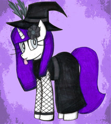 Size: 1726x1915 | Tagged: safe, artist:insomniaqueen, derpibooru import, oc, oc only, pony, unicorn, :p, abstract background, clothes, eyelashes, female, flower, flower in hair, hat, horn, mare, solo, tongue out, traditional art, unicorn oc, witch hat