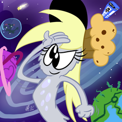 Size: 900x900 | Tagged: safe, artist:spongefox, derpibooru import, doctor whooves, milky way, alien, earth pony, pegasus, pony, crossover, doctor who, earth, muffin hat, salute, shocked, shooting star, space, sylvia, tardis, the doctor, wander (wander over yonder), wander over yonder, zbornak