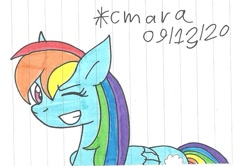 Size: 937x623 | Tagged: safe, artist:cmara, derpibooru import, rainbow dash, pegasus, pony, female, grin, mare, one eye closed, simple background, smiling, solo, traditional art, white background, wink